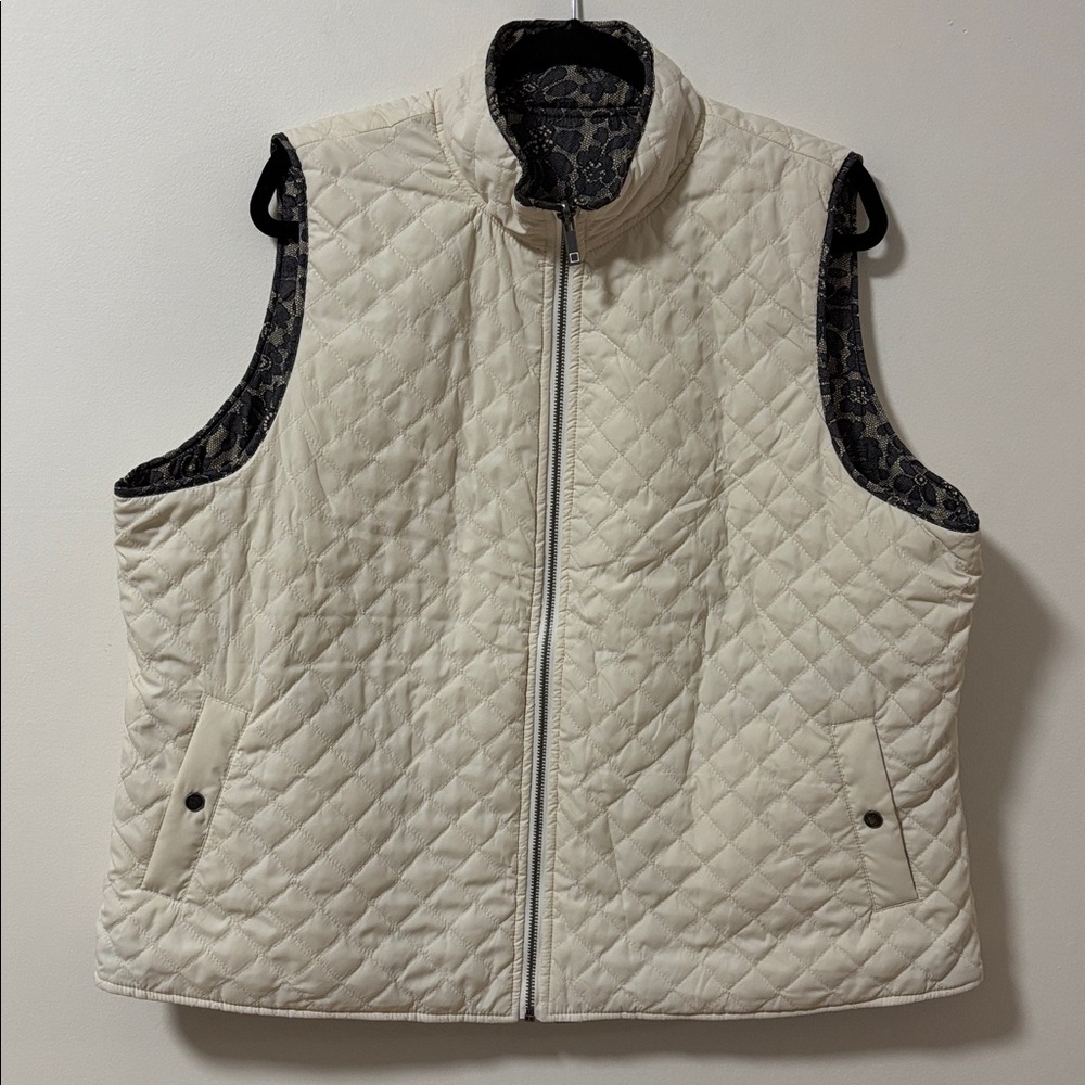LIZ CLAIBORNE (XL) Quilted Reversible Vest Floral Patterned / Cream Lightweight - Picture 6 of 13